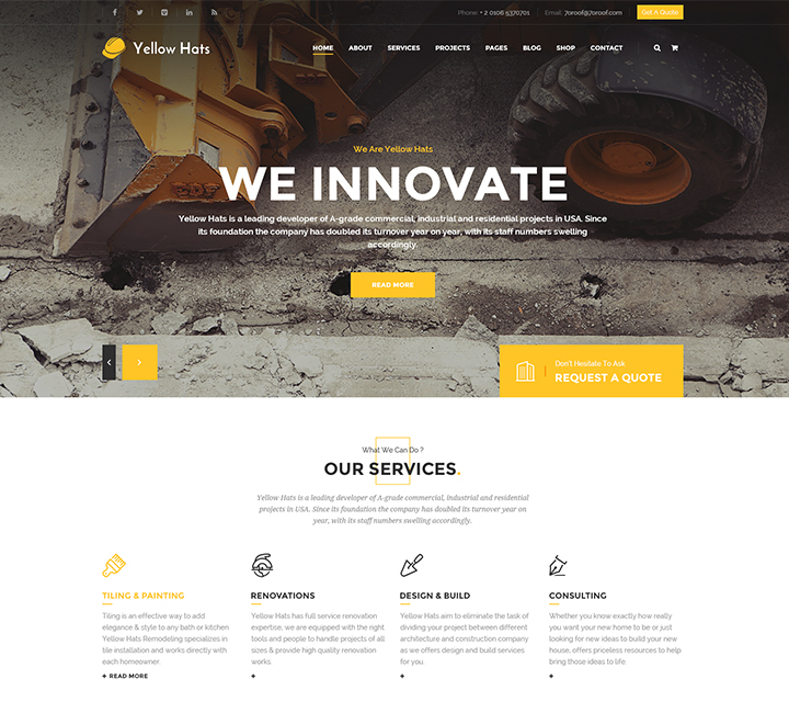 Yellow Hats construction website template preview